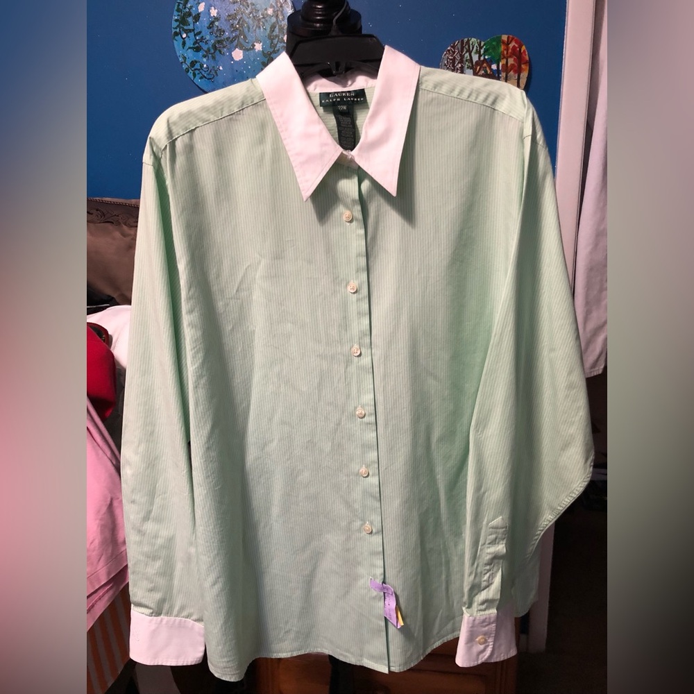 Ralph Lauren Lime Green Dress Shirt with White Collar & Cuffs Sz. 22W